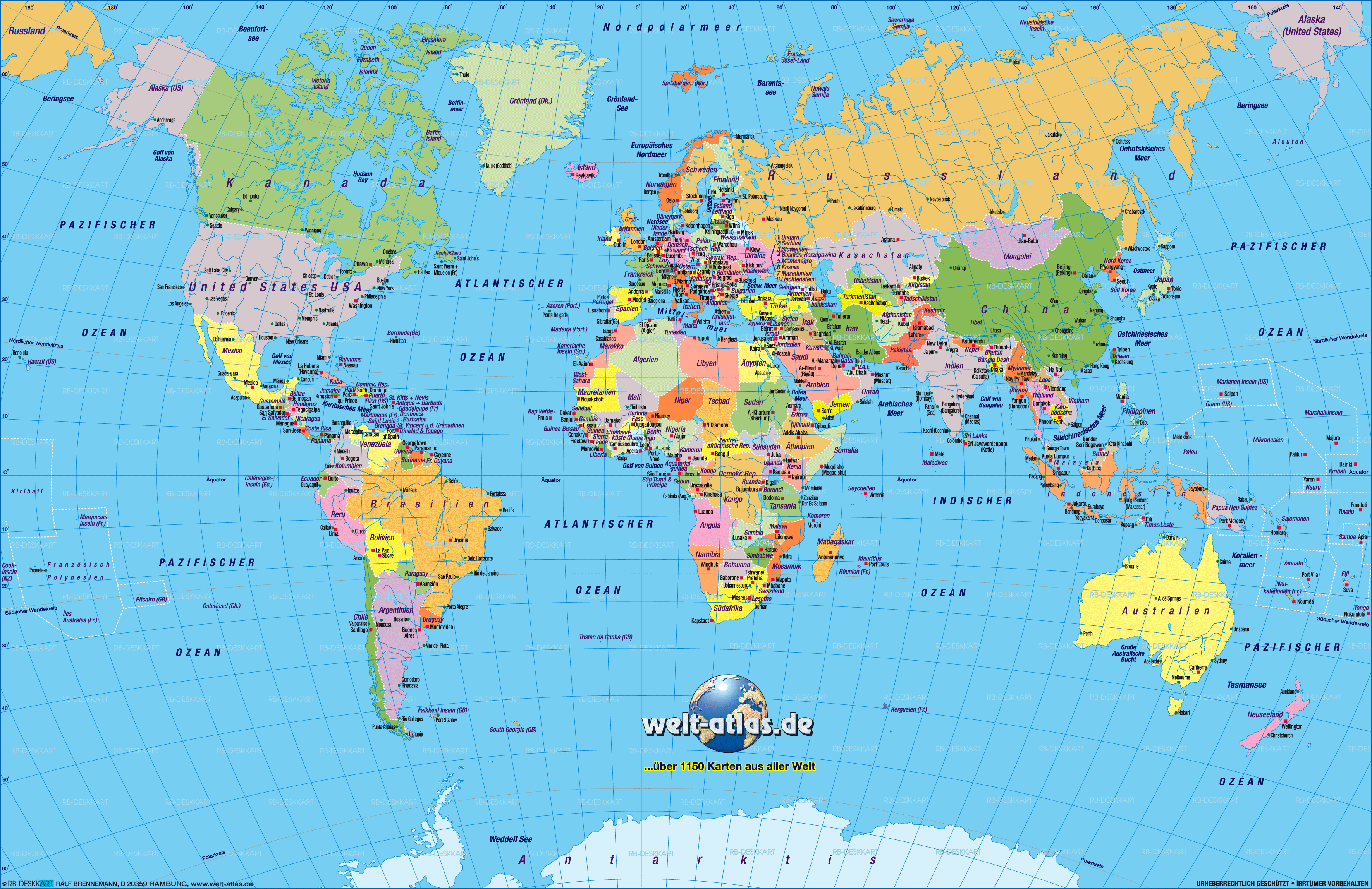 Karte von Welt, politisch (Übersichtskarte / Regionen der Welt) | Welt