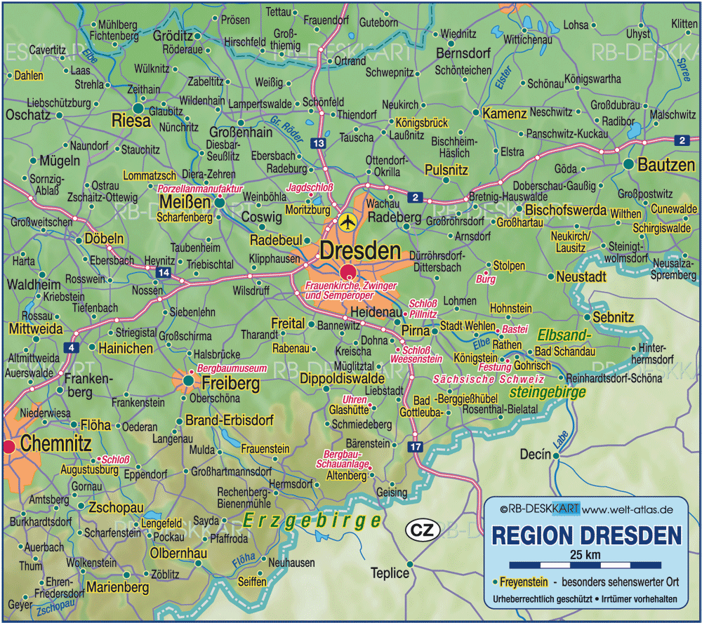 Karte von Dresden, Region (Region in Deutschland, Sachsen)