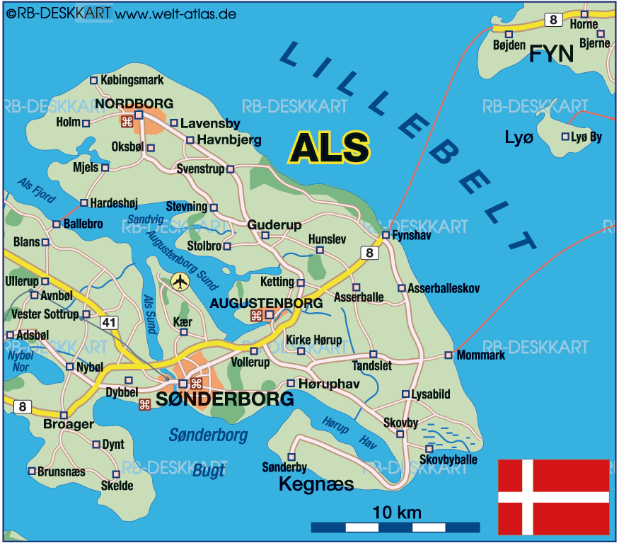 Karte von Alsen, Insel (Insel in Dänemark)