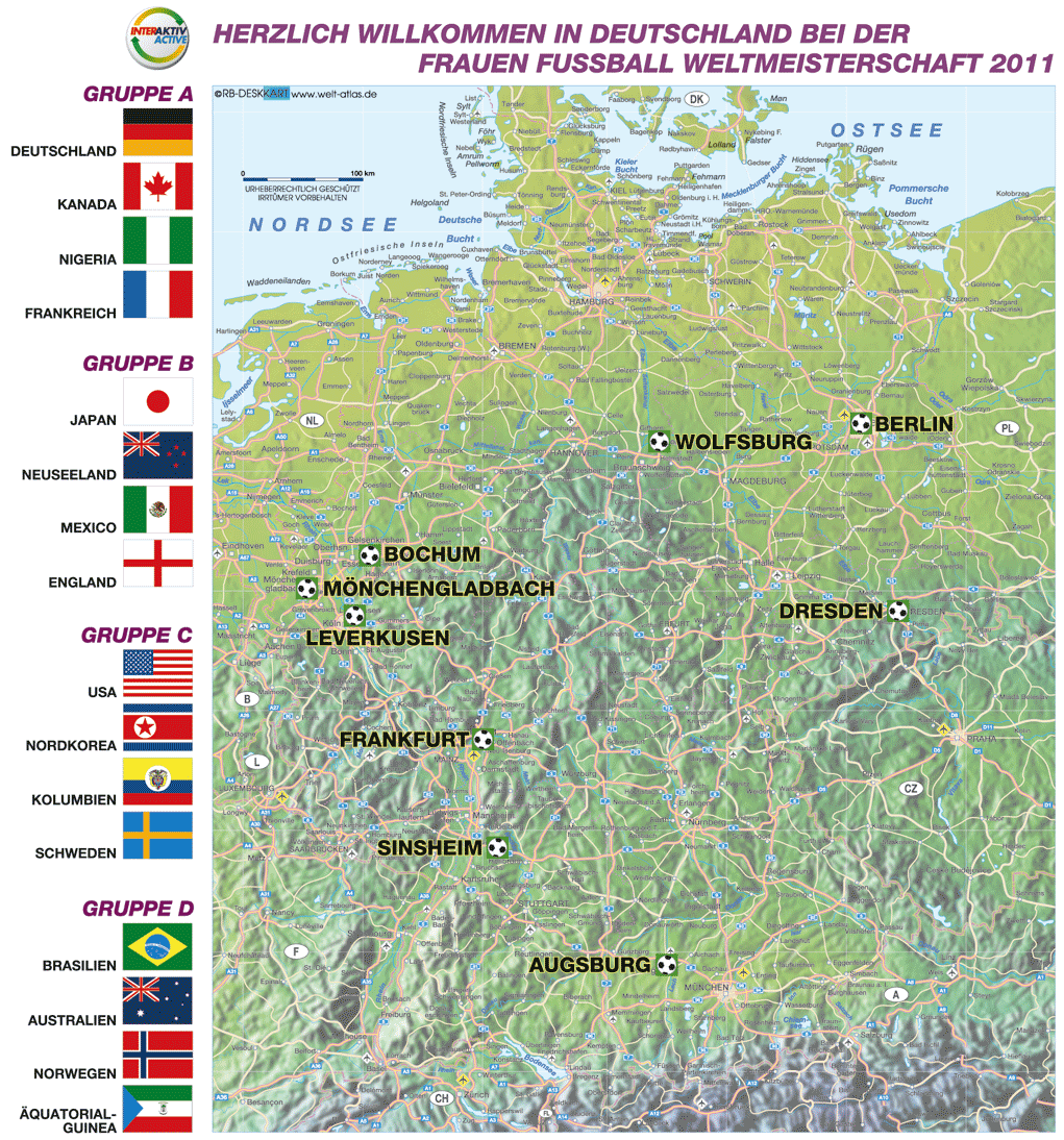 Karte von Deutschland Frauen Fußball WM 2011, Spielorte (Land / Staat)