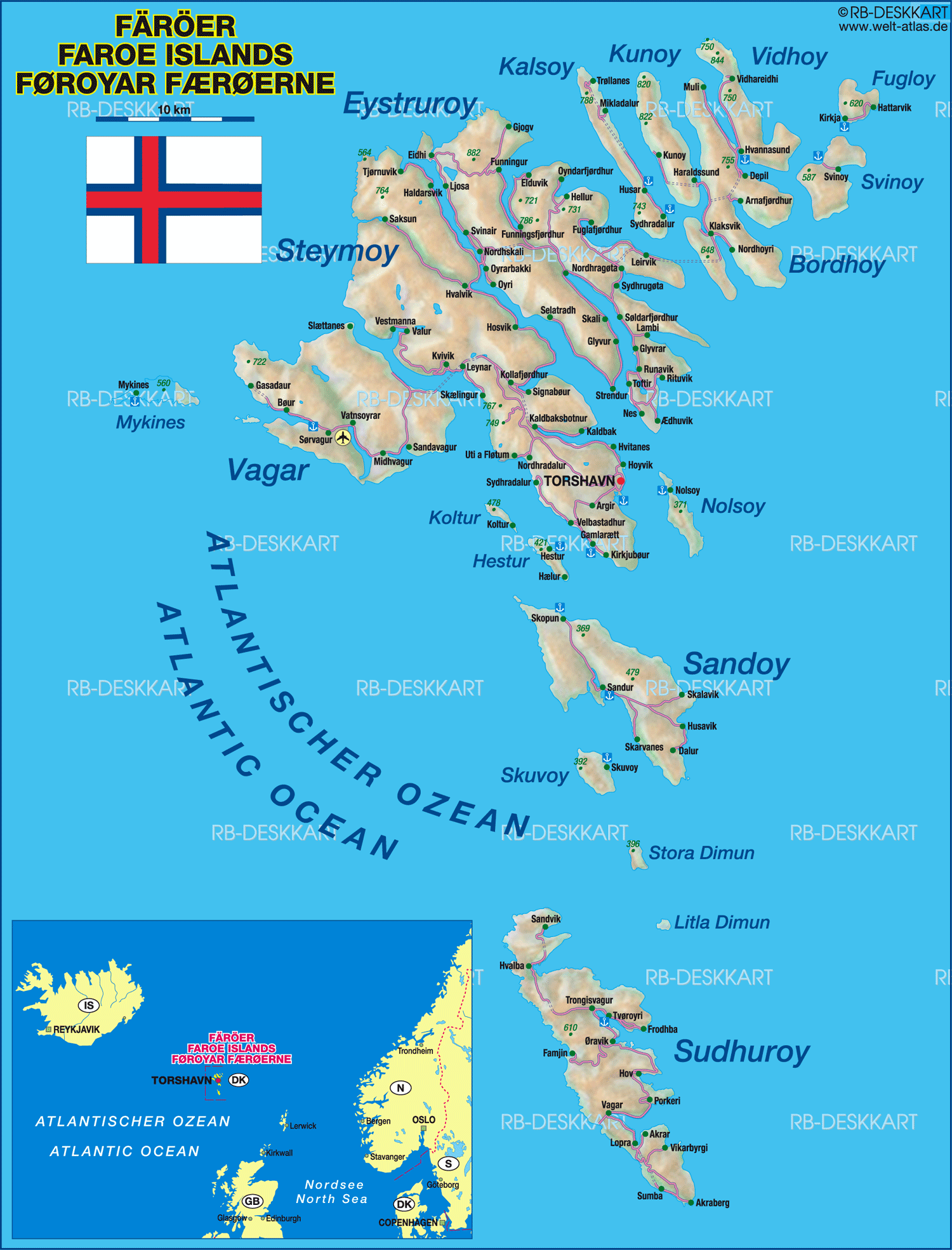 Map of Faroe Islands (Island in Denmark)