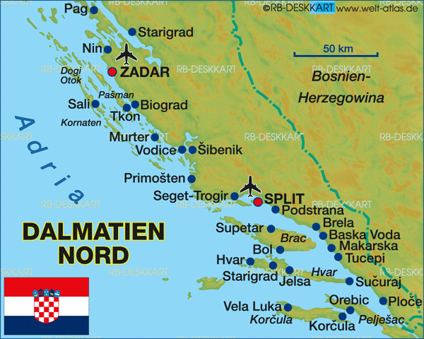 Karte von Dalmatien Nord (Region in Kroatien)