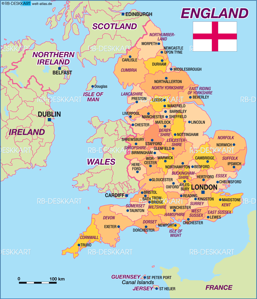 Karte von England, politisch (Bundesland / Provinz in Großbritannien)