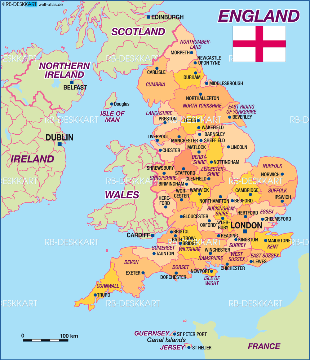 Map Of England Politically State Section In United Kingdom Welt Atlas De