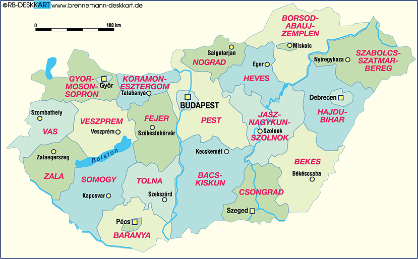 Karte von Ungarn, politisch (Land / Staat)