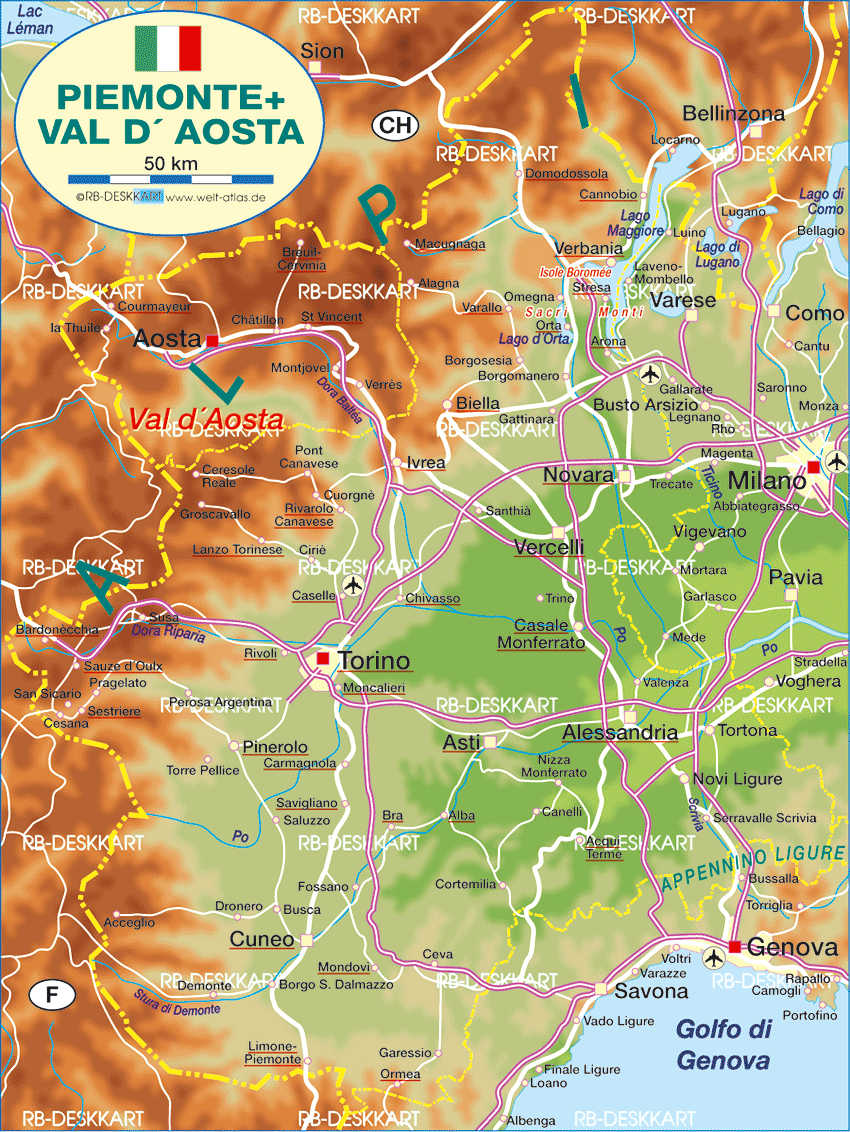 Map of Piedmont (State / Section in Italy) | Welt-Atlas.de