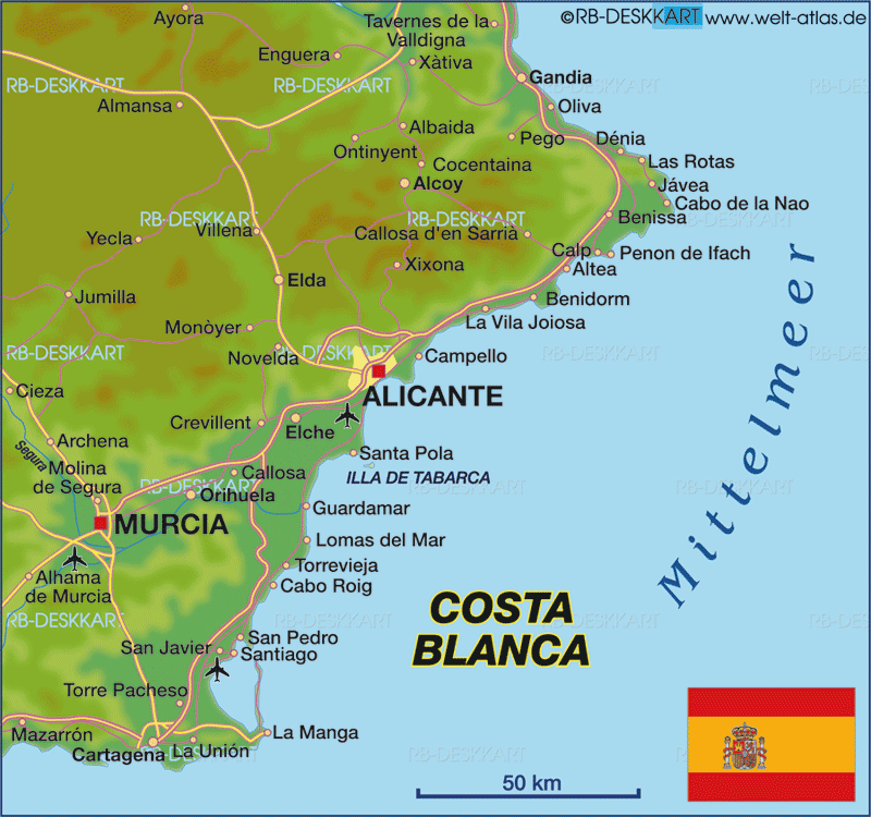 Karte von Costa Blanca Region in Spanien Welt Atlas de Karte von Costa Blanca Region in Spanien Welt Atlas de