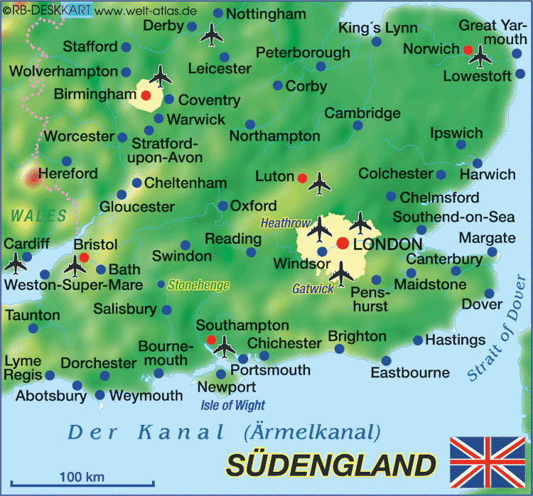 Karte von Südengland (Region in Vereinigtes Königreich, Großbritannien)