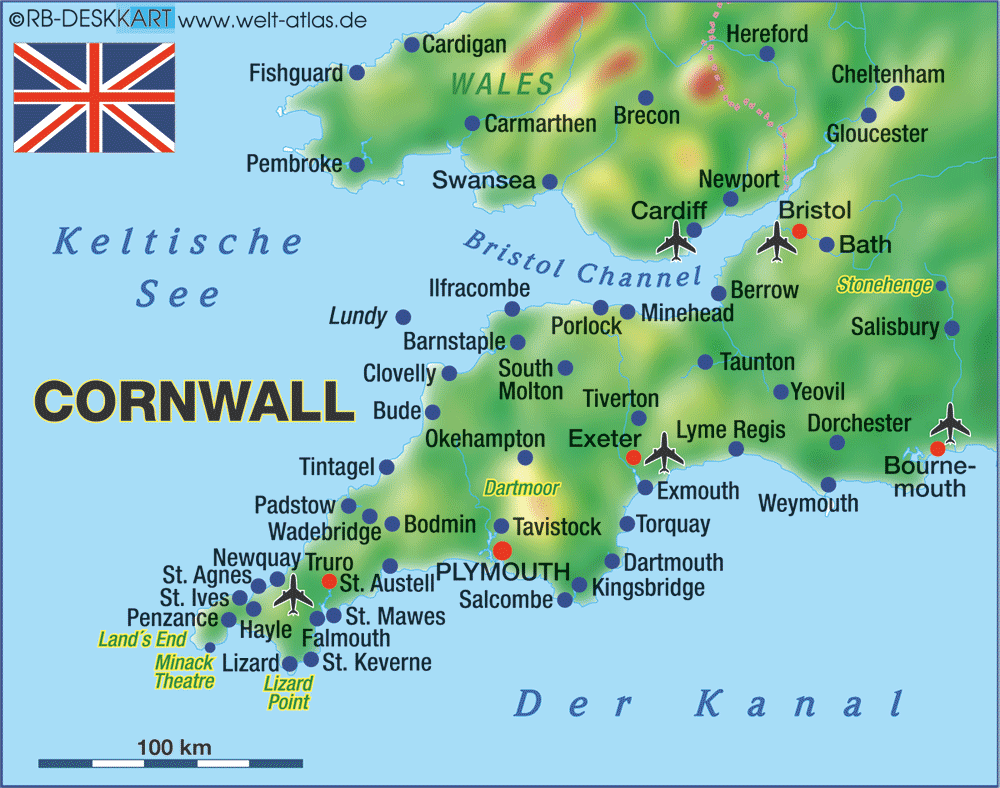 Karte von Cornwall (Region in Großbritannien)