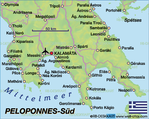 Map of Peloponnes south (Region in Greece)