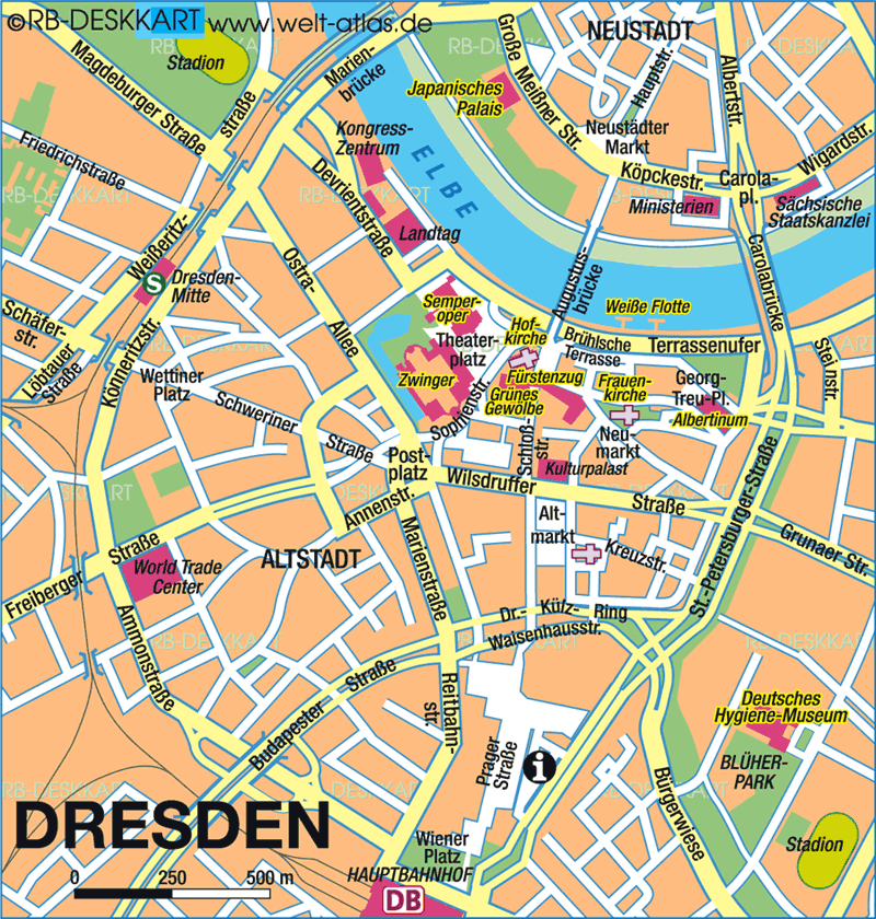 Map of Dresden, center (City in Germany, Saxony)