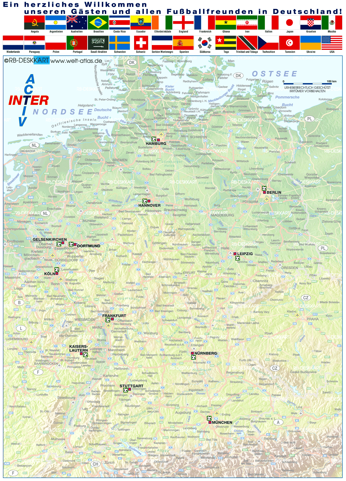 Karte von Deutschland Fußball WM 2006, Stadien und Länder (Land / Staat)