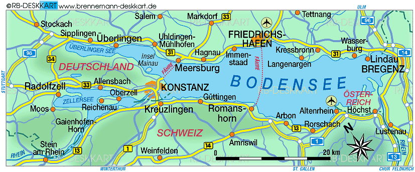 Karte von Bodensee (Region in Deutschland, Österreich, Schweiz)