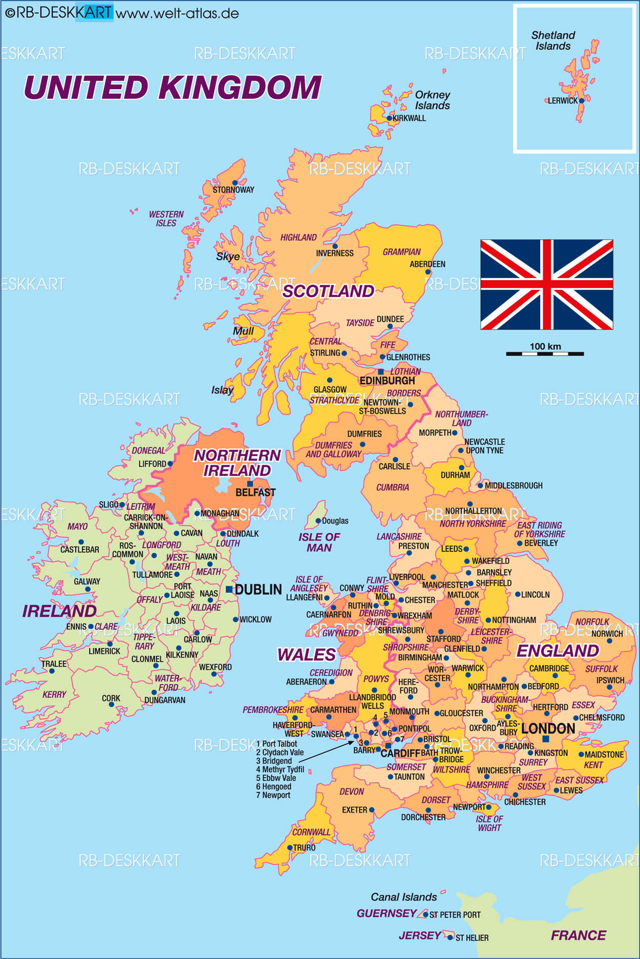 Map of United Kingdom (Great Britain), politically (Country)