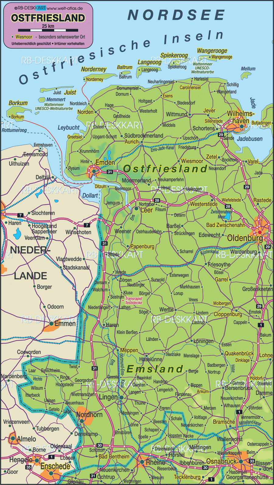 Karte von Ostfriesland (Region in Deutschland Niedersachsen)