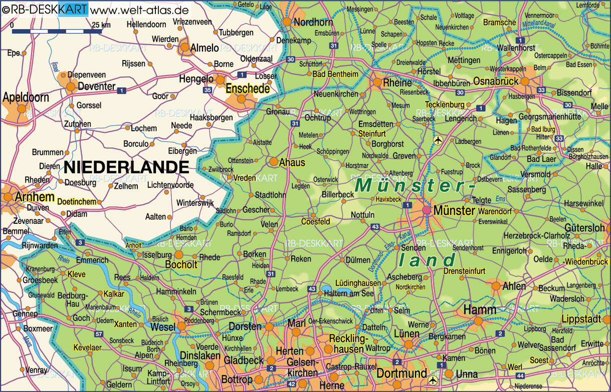 Karte von Münsterland (Region in Deutschland, Nordrhein-Westfalen)