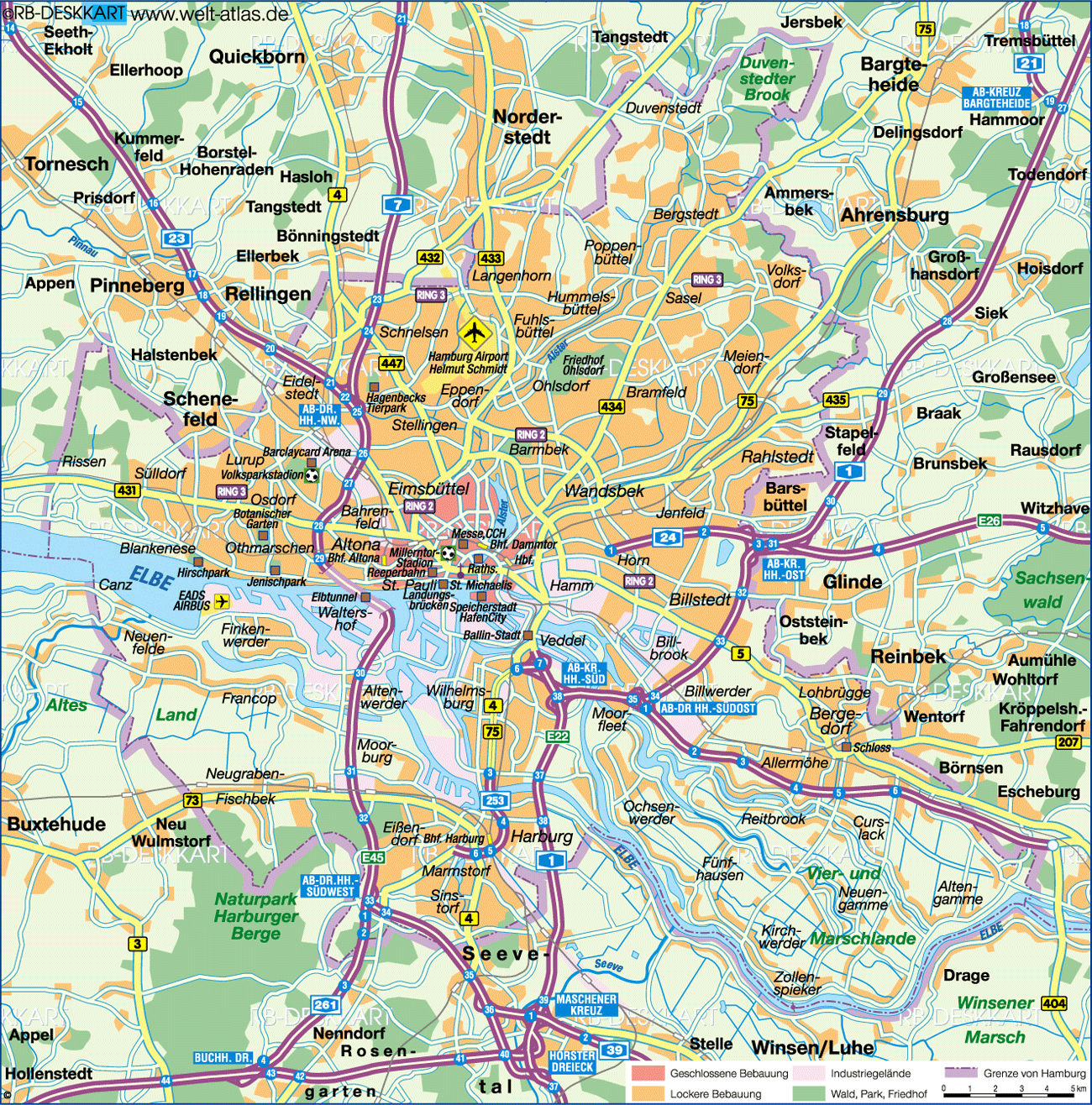 Karte von Hamburg (Stadt in Deutschland)