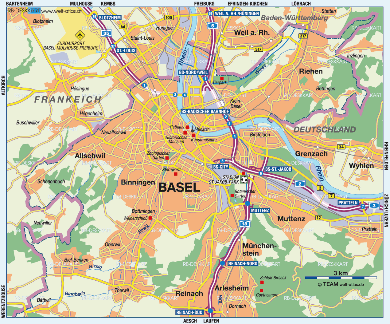 Karte von Basel (Stadt in Schweiz)