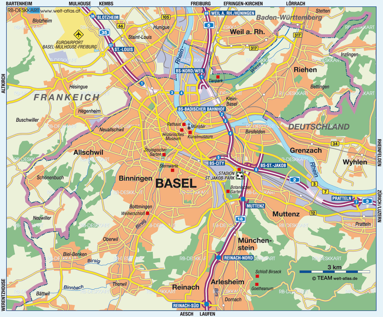 Karte von Basel (Stadt in Schweiz)  Welt-Atlas.de