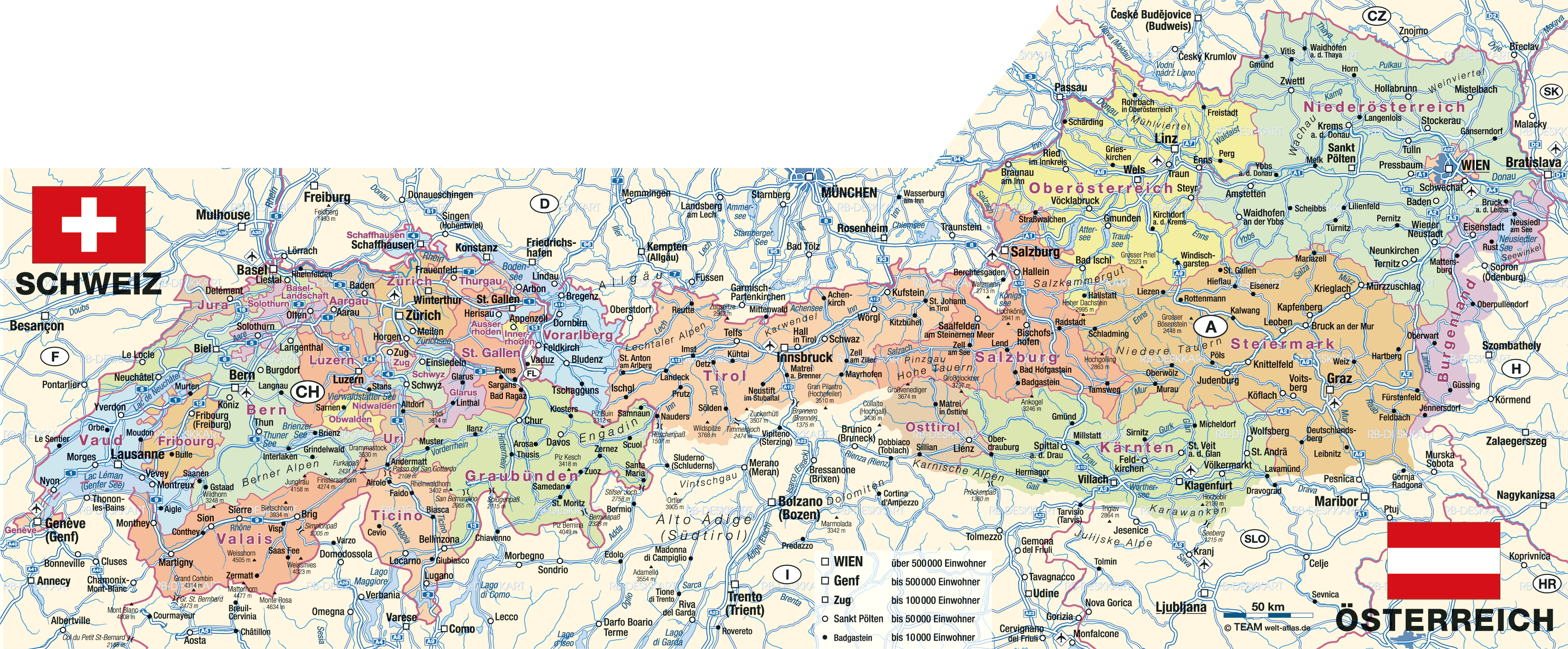 Map of The Alps, politically (Region in Switzerland, Austria, Liechenstein, Germany, Italy, France)