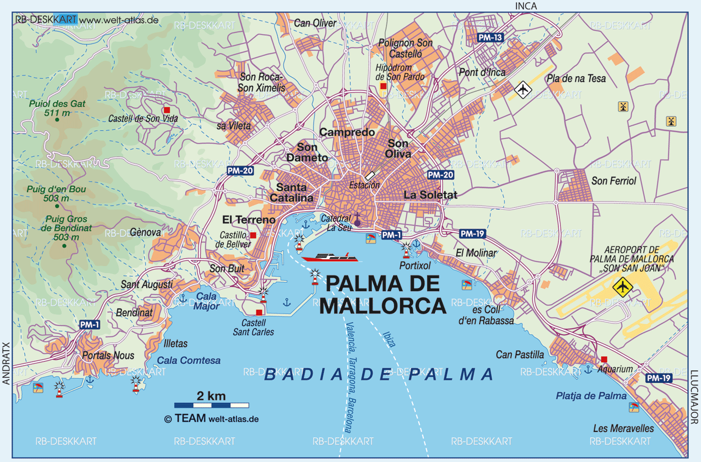 Map of Palma de Mallorca, overview (Region in Spain) | Welt-Atlas.de