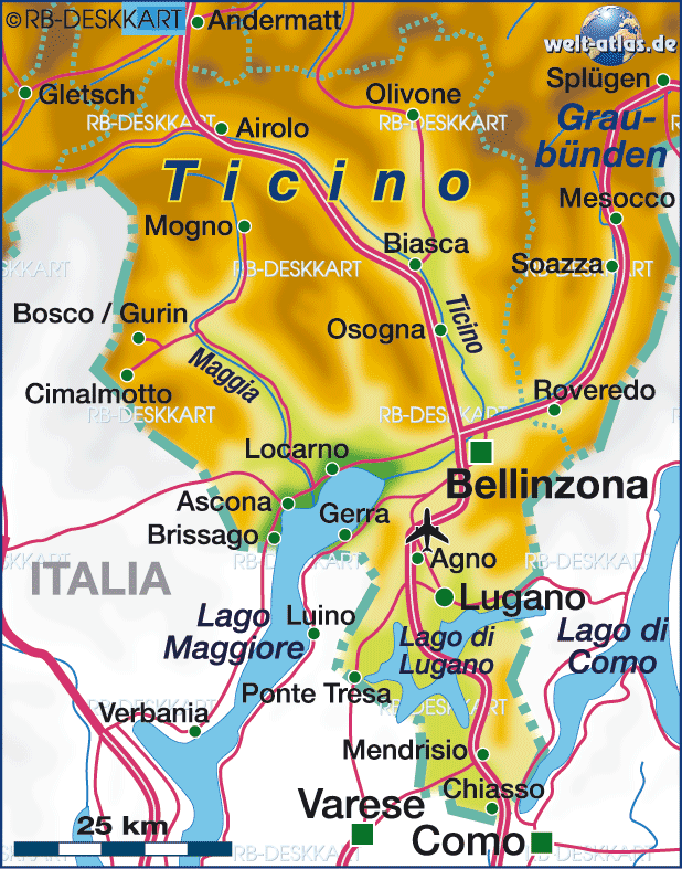 Karte von Tessin, Kanton (Bundesland / Provinz in Schweiz)