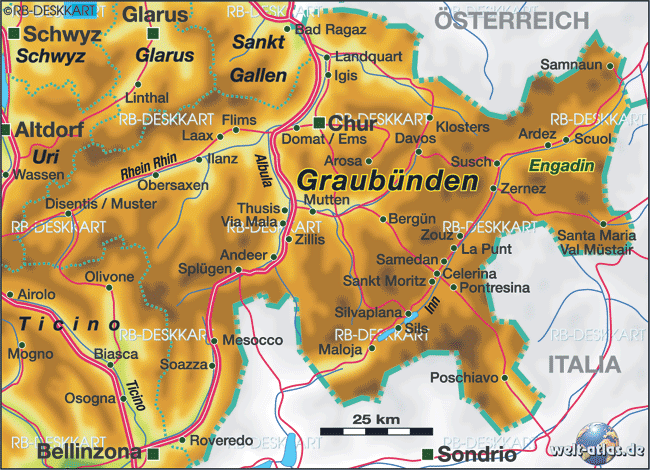 Karte von Graubünden, Kanton (Bundesland / Provinz in Schweiz) | Welt