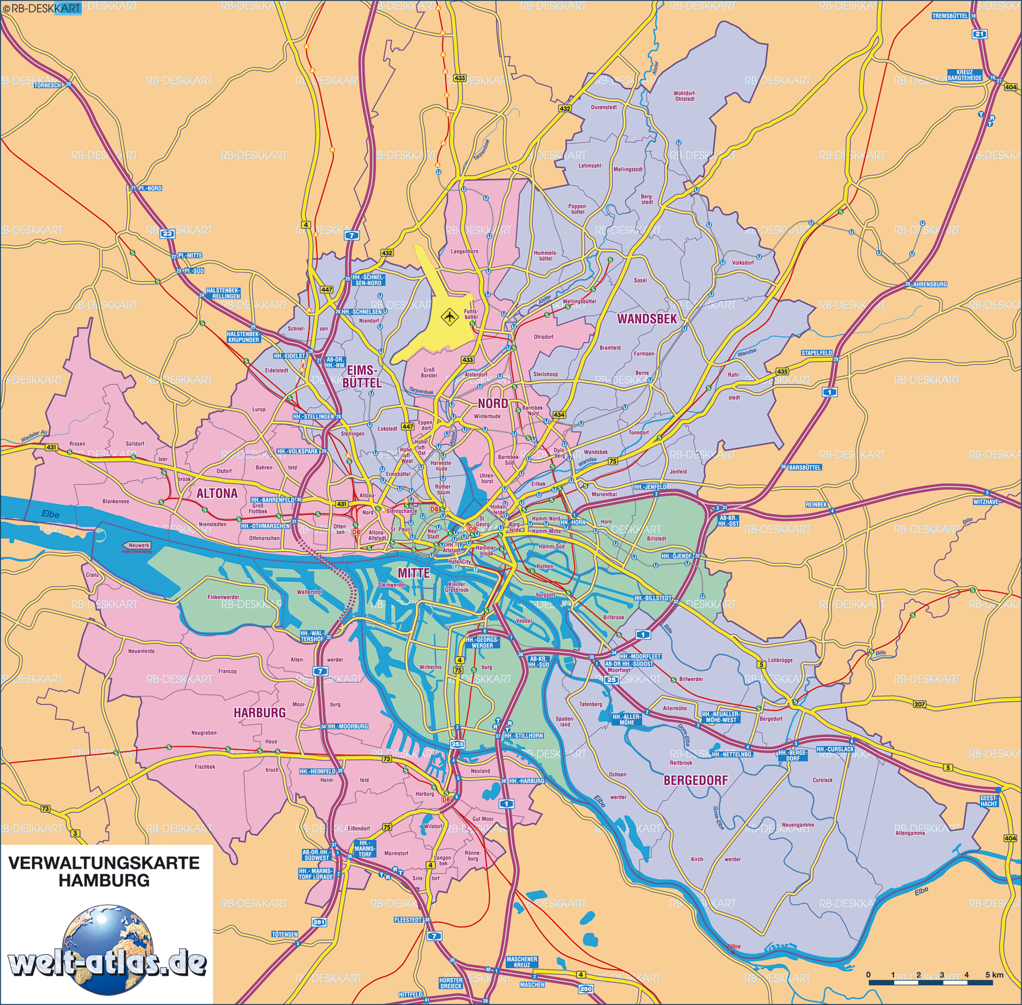 Map of Hamburg, political (City in Deutschland)