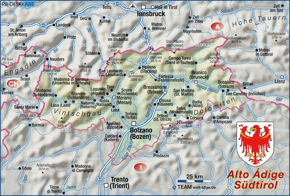 Karte von Südtirol / Alto Adige (Region in Italien)