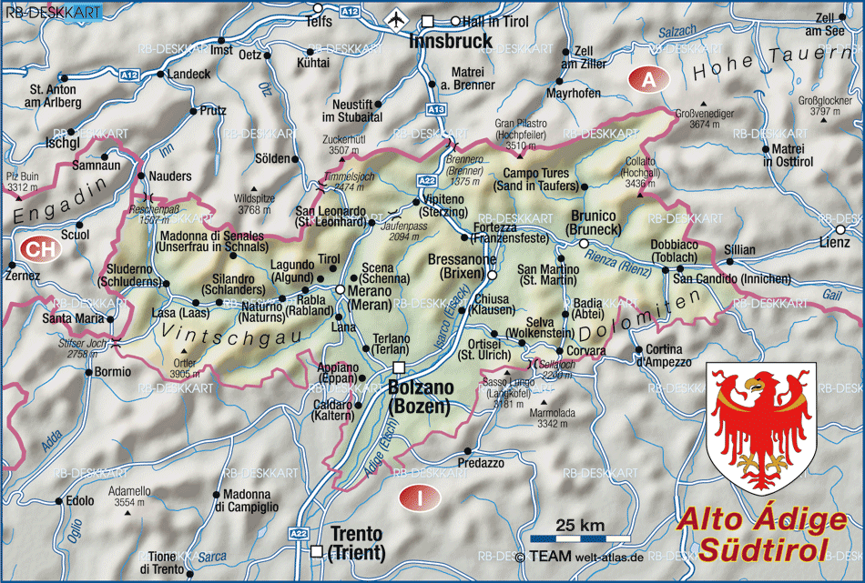 Map of South Tyrol / Alto Adige (Region in Italy) | Welt-Atlas.de