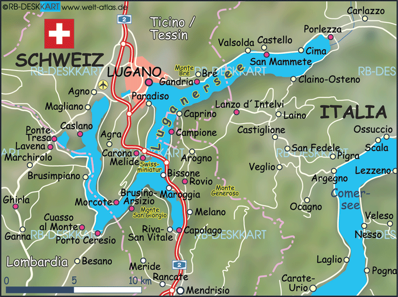 Map of Lake Lugano (Region in Svitzenland / Italy)
