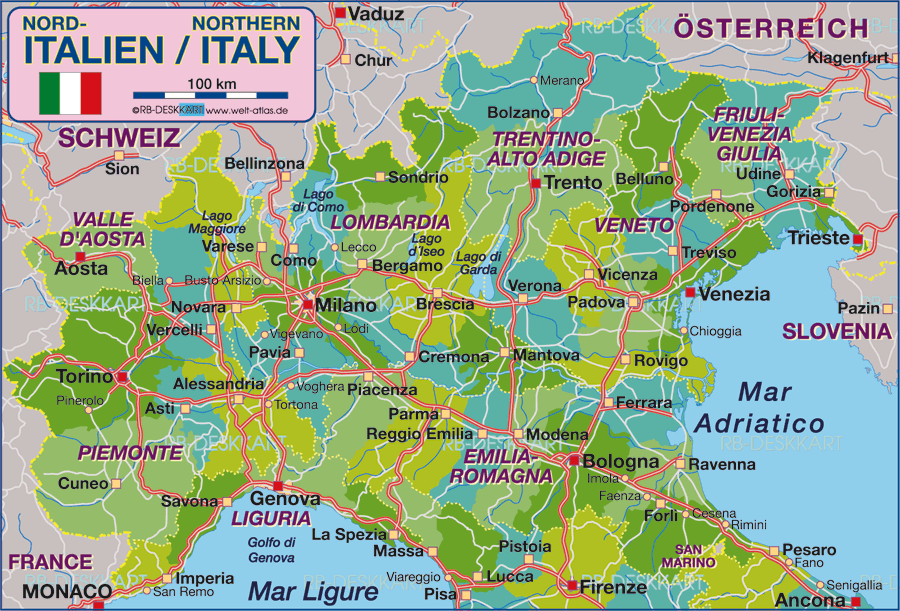 Map of Northern Italy, politically (Region in Italy)