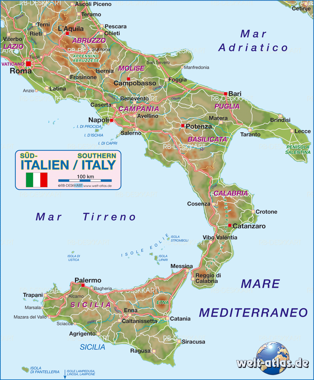 Map of Southern Italy (Region in Italy)