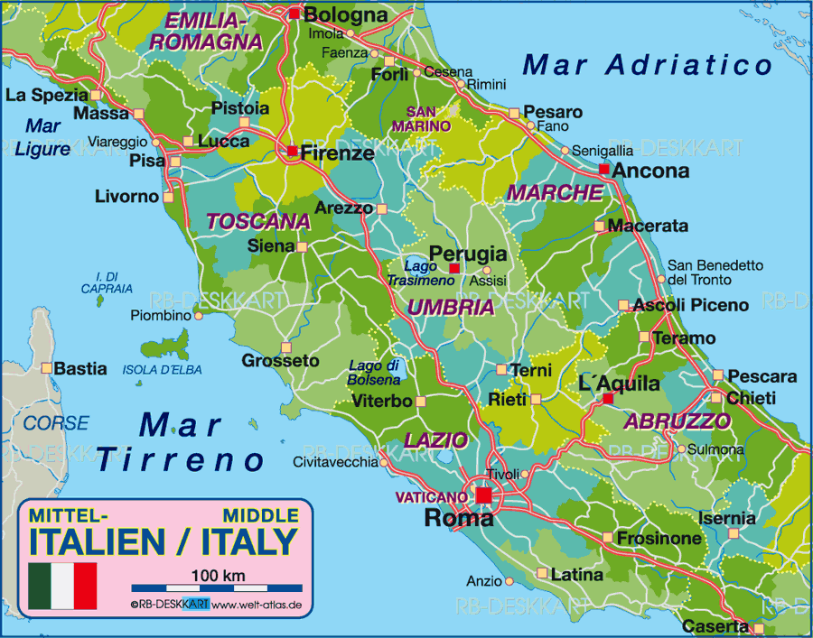 Karte von Mittelitalien, politisch (Region in Italien)