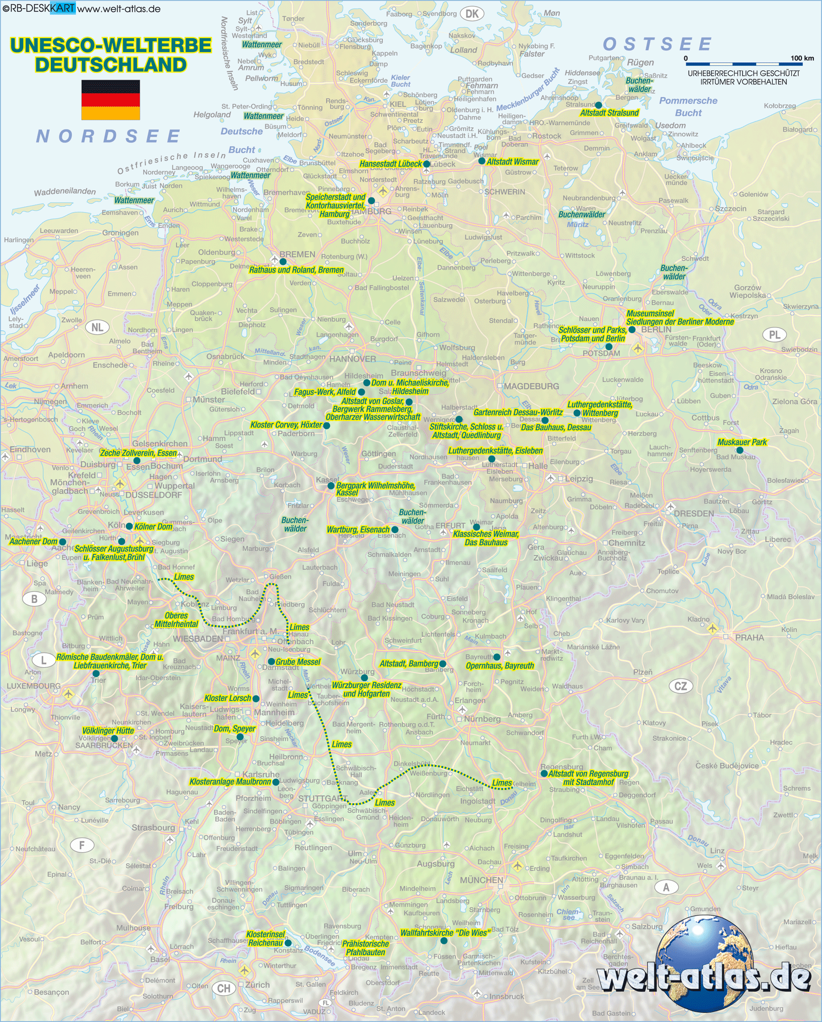 Karte von UNESCO Welterbe Deutschland (Land / Staat)