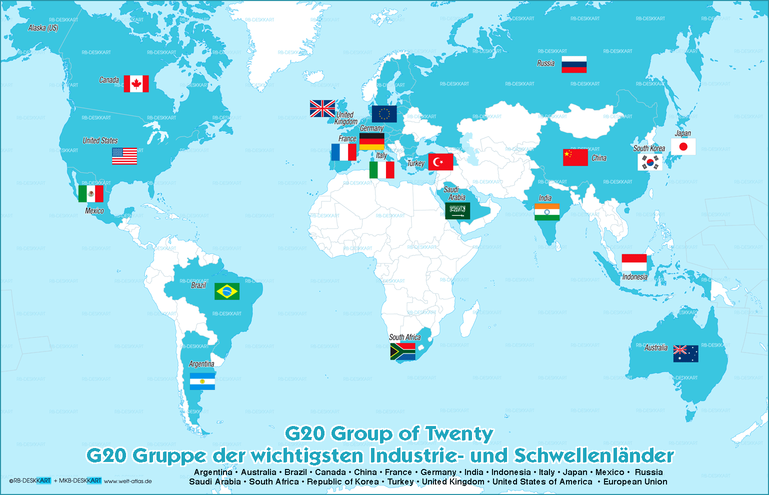 Karte von G20 Gruppe der wichtigsten Industrie- und Schwellenländer (Themenkarte)
