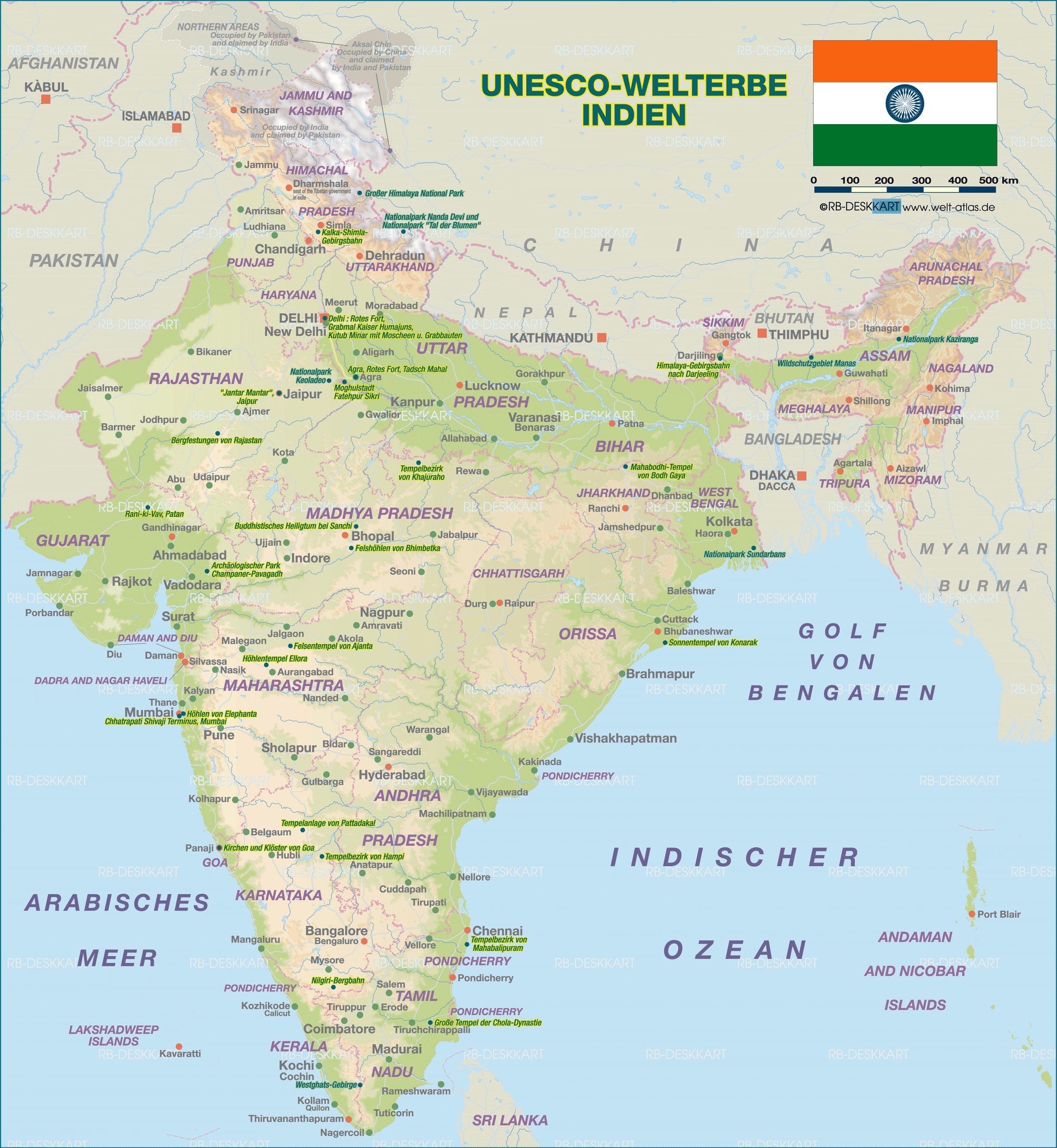 Karte von UNESCO Welterbe Indien (Land / Staat)