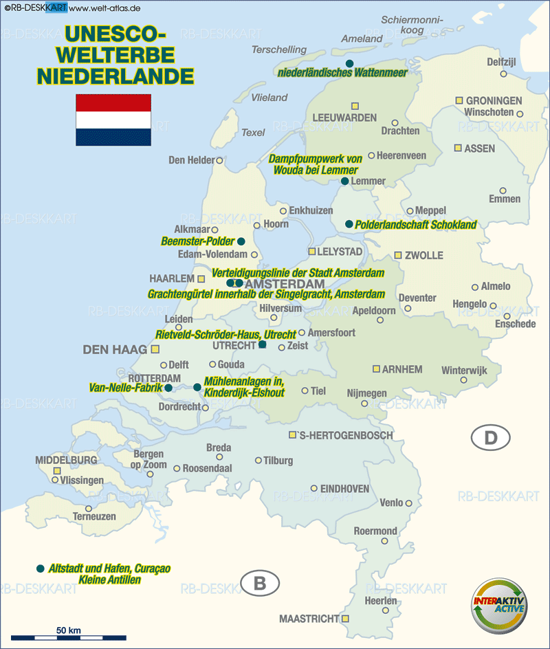 Karte von UNESCO Welterbe Niederlande (Land / Staat)