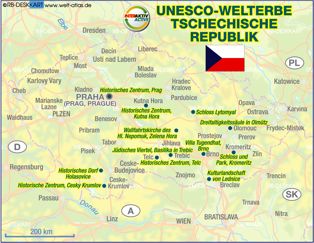 Karte von UNESCO Welterbe Tschechische Republik (Land / Staat)