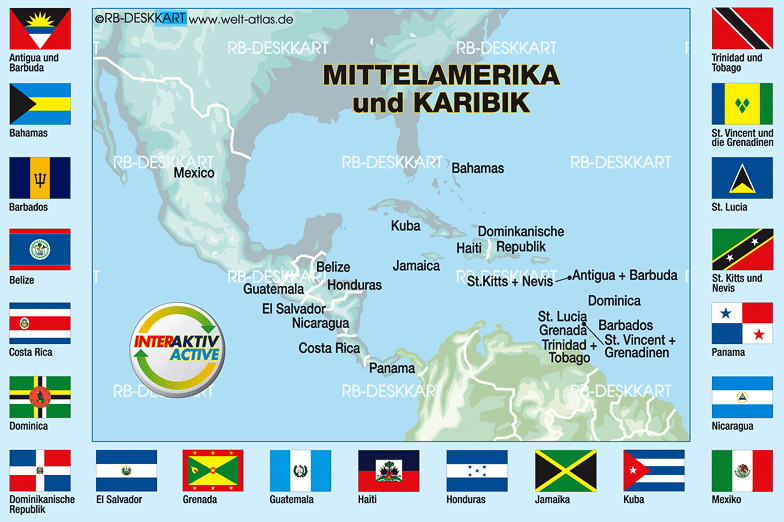 Karte von Flaggen Mittelamerika + Karibik (Themenkarte in 21 Länder)