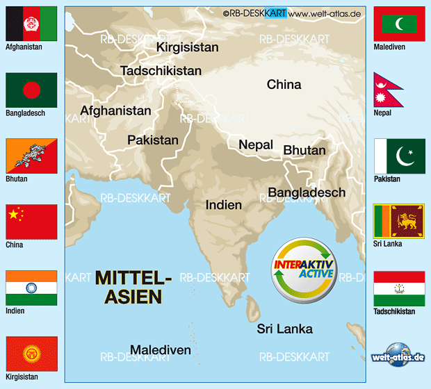 Karte von Flaggen Mittelasien (Region in 11 Staaten)
