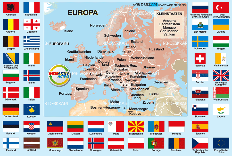 Karte von Flaggen Europa (Themenkarte in 48 Länder)