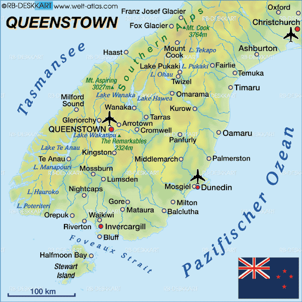 Karte von Queenstown (Region in Neuseeland)