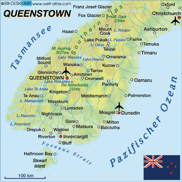 Map of Queenstown (Region in New Zealand)