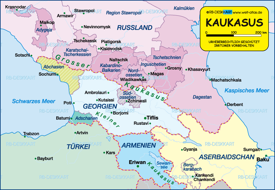 Karte von Kaukasus, politisch (Region in mehrere Länder)