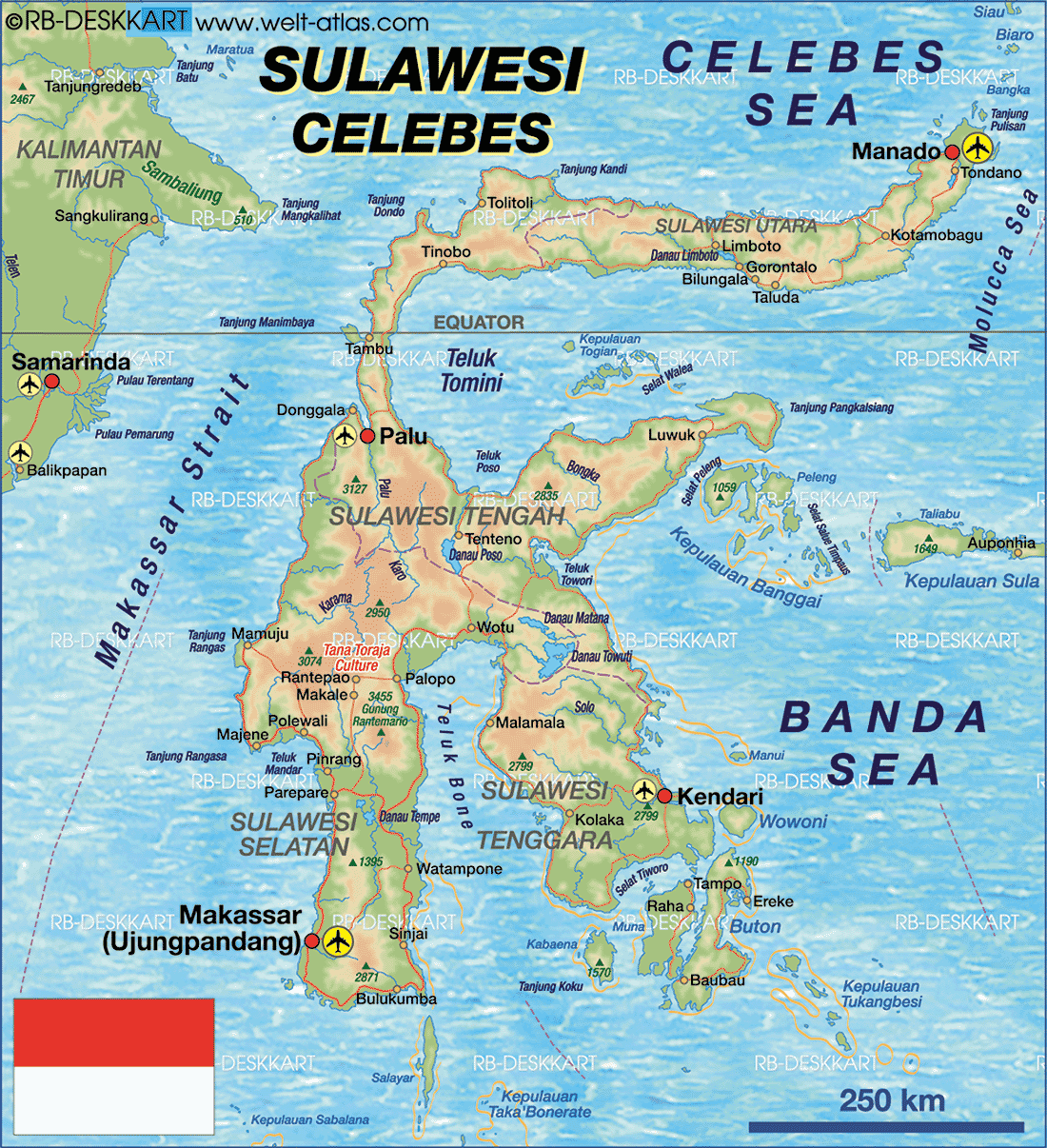 Map of Sulawesi (Island in Indonesia)