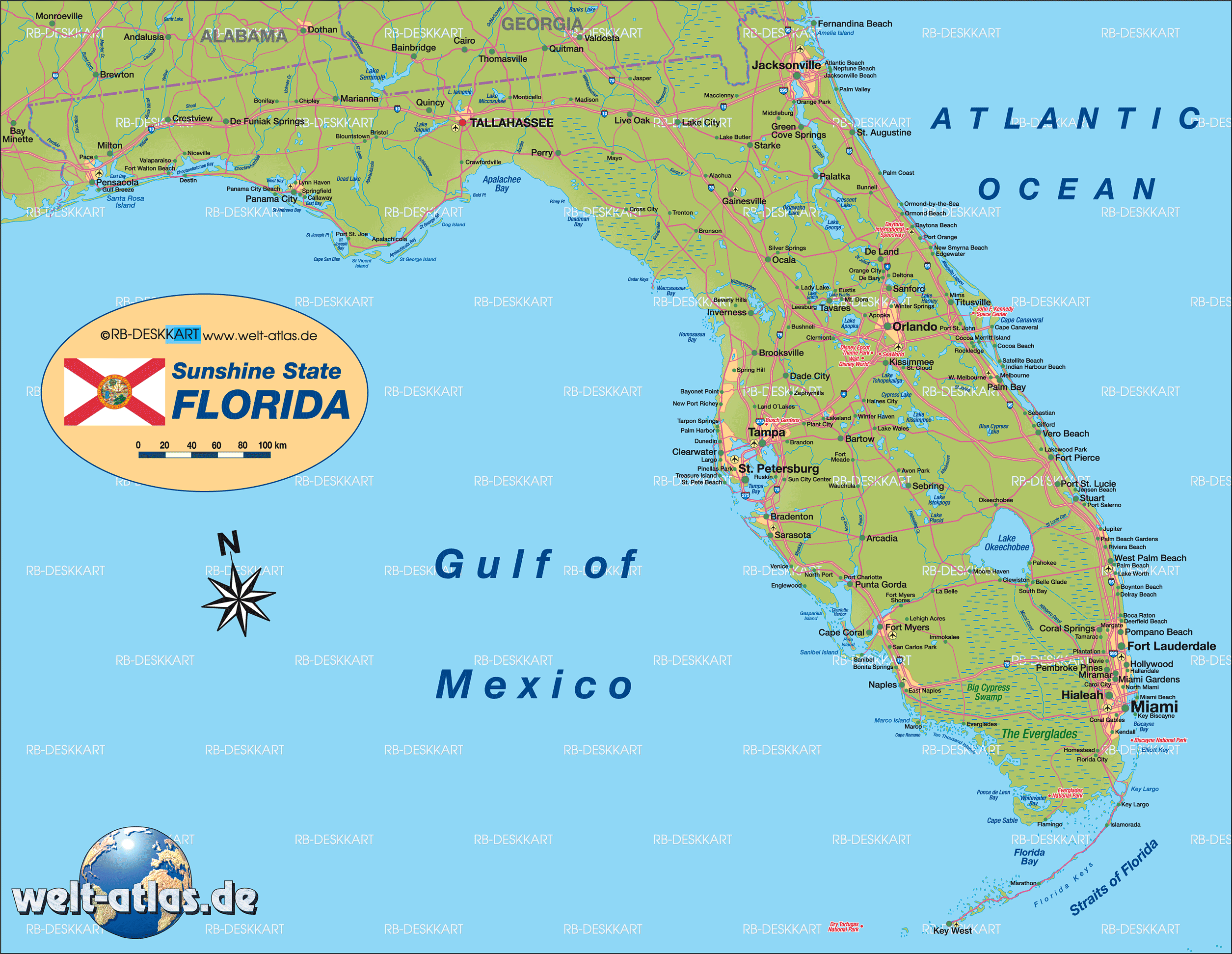 Map Of Florida State Section In United States Usa Welt Atlasde