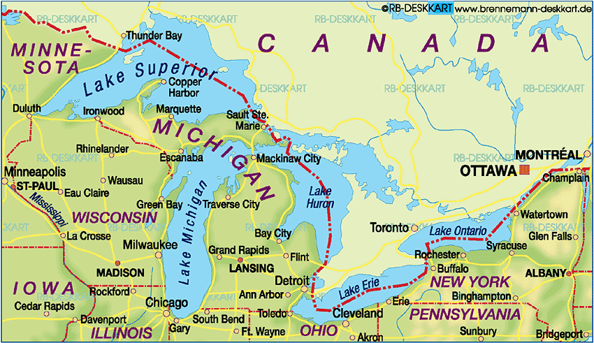 Map of Greater Lakes Region (Region in United States, USA)