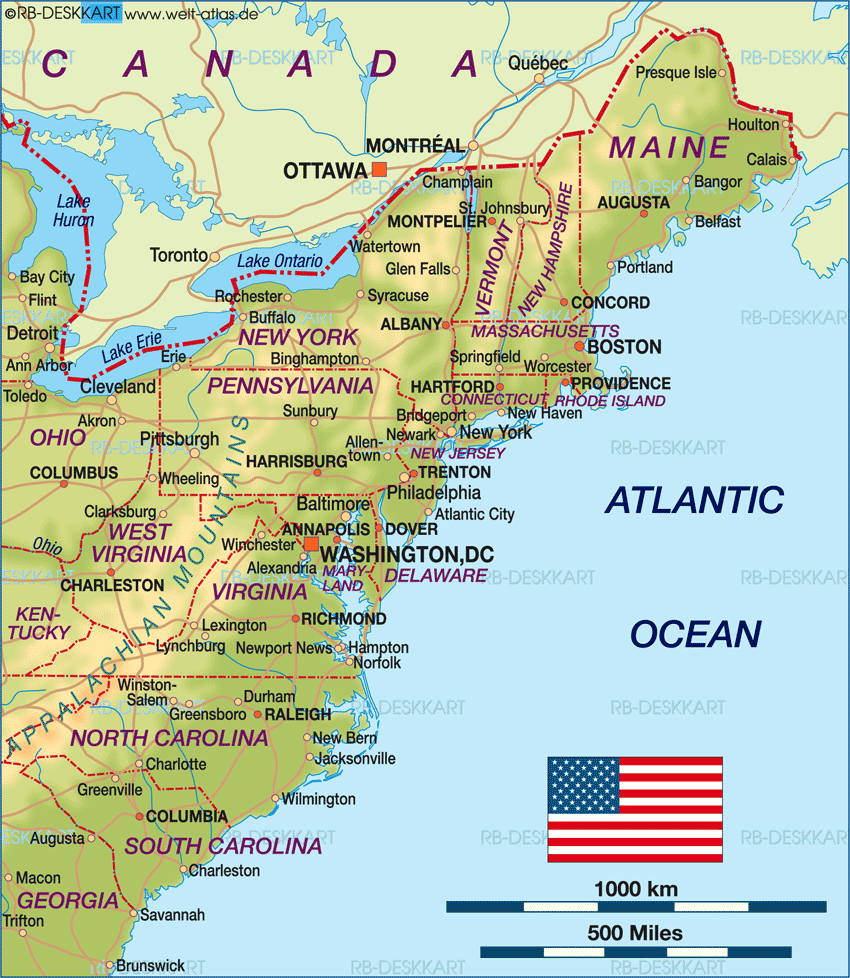 Karte von Ostküste USA (Region in Vereinigte Staaten)
