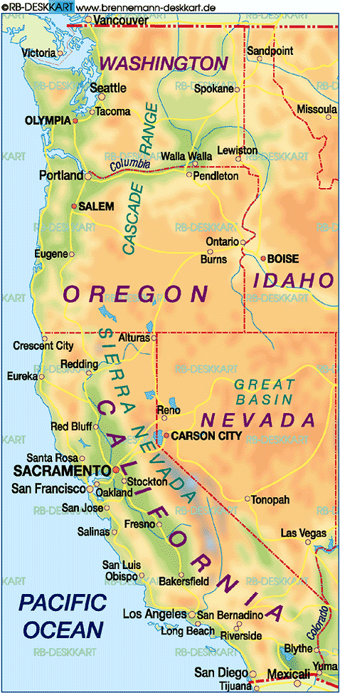 Karte von Westküste USA (Region in Vereinigte Staaten)